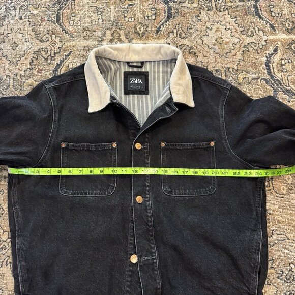 Zara Denim Black Wash Chore Jacket Corduroy Collar Cotton Lined Sz Medium Men's - Picture 2 of 5